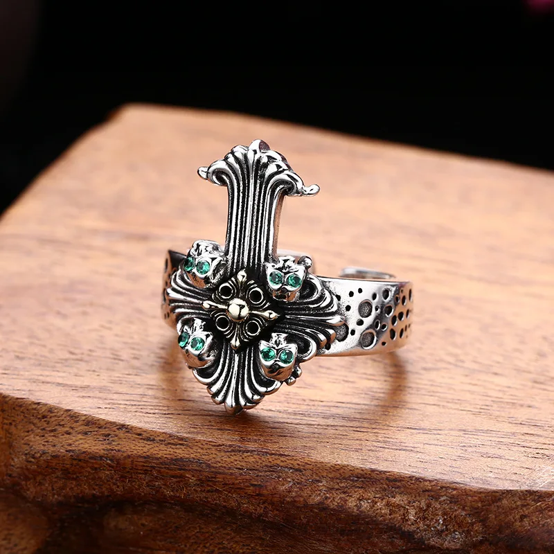 Wholesale 925 sterling silver skull cross ring men's and women's live ring Thai silver retro retro style personality ornament