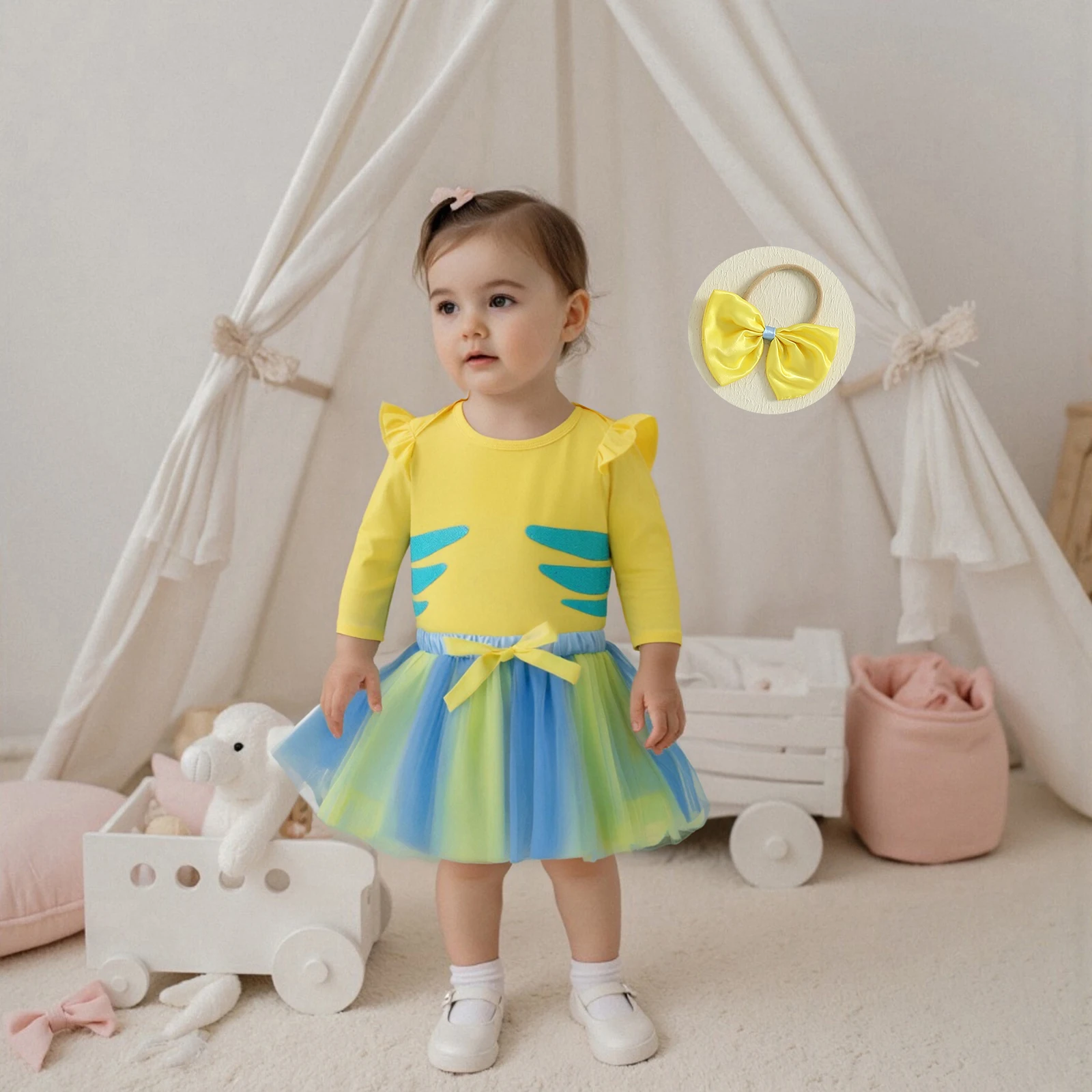 

Baby Clothing Girl Halloween Outfit Contrast Color Ruffle Long Sleeve Romper Tulle Skirt Bow Headband 3 Piece Set