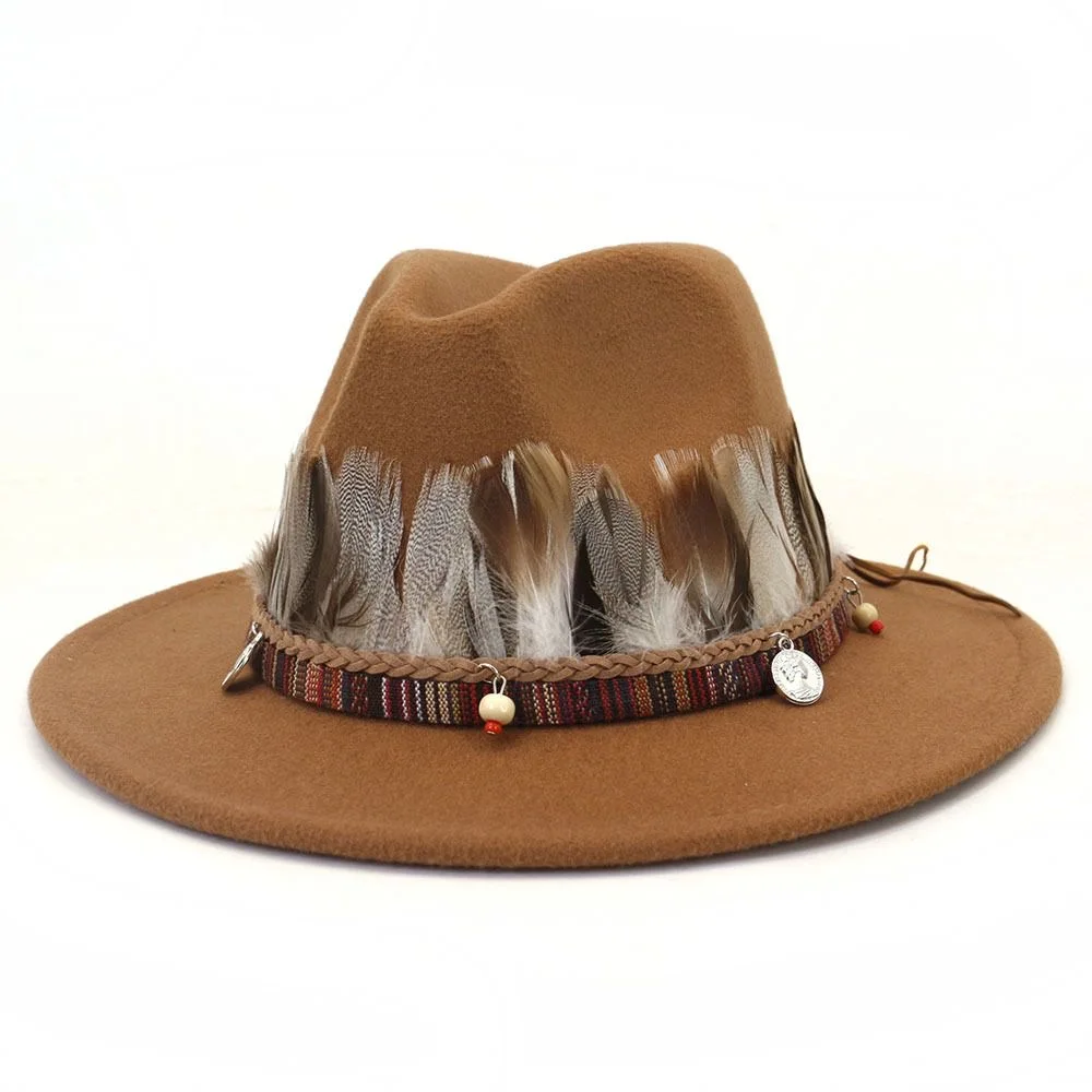 Feather Ethnic Style Decorative Band Fedora Hat Men Women Jazz Flat Brim Hat British Woolen Knight Cap 4