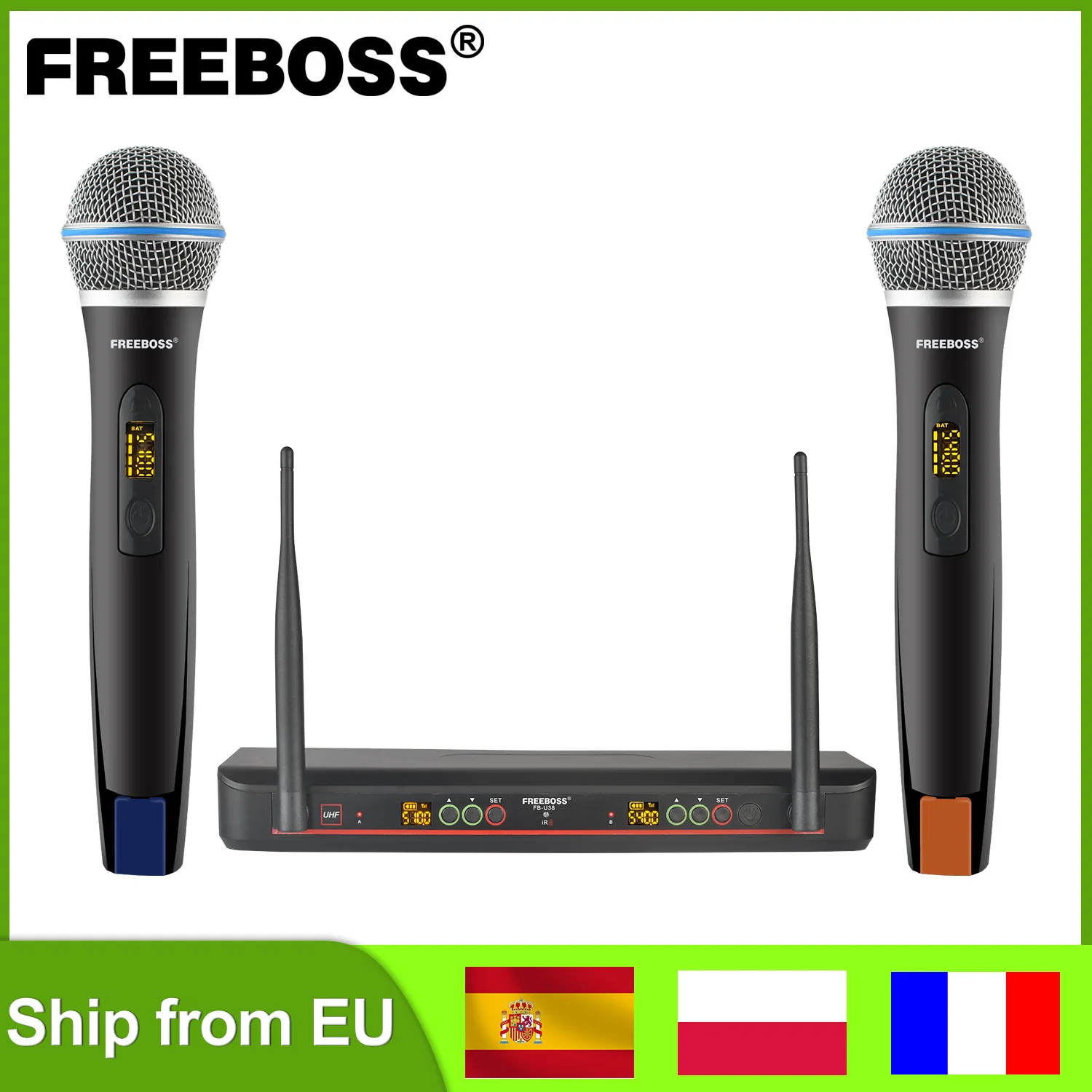 Freeboss 2 Handheld Wireless Microphone UHF Adjustable 500MHz Multi Frequency Cardioid Dynamic Church Mic Transmitter FB-U38