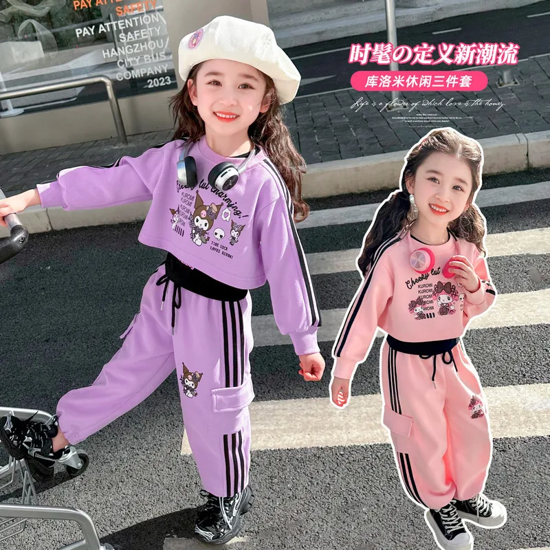 

3Pcs/set Cute Kuromi Kids Sports Suit Kawaii Cinnamoroll Sweater Anime Kuromi My Melody Children Hoodie Sweatpants Set Girl Gift