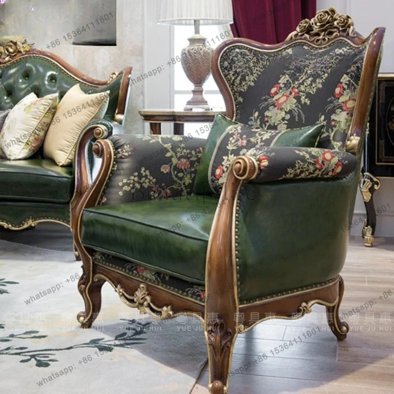 

European leather sofa combination neoclassical solid wood carving flower leather art large apartment living room furniture