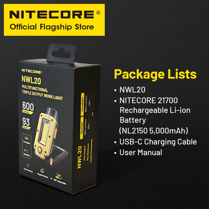 Nitecore nwl20 USB-C wiederauf lad bares arbeits licht 180 ° einstellbarer multifunktion aler dreifacher ausgangs scheinwerfer, 21700 batterie