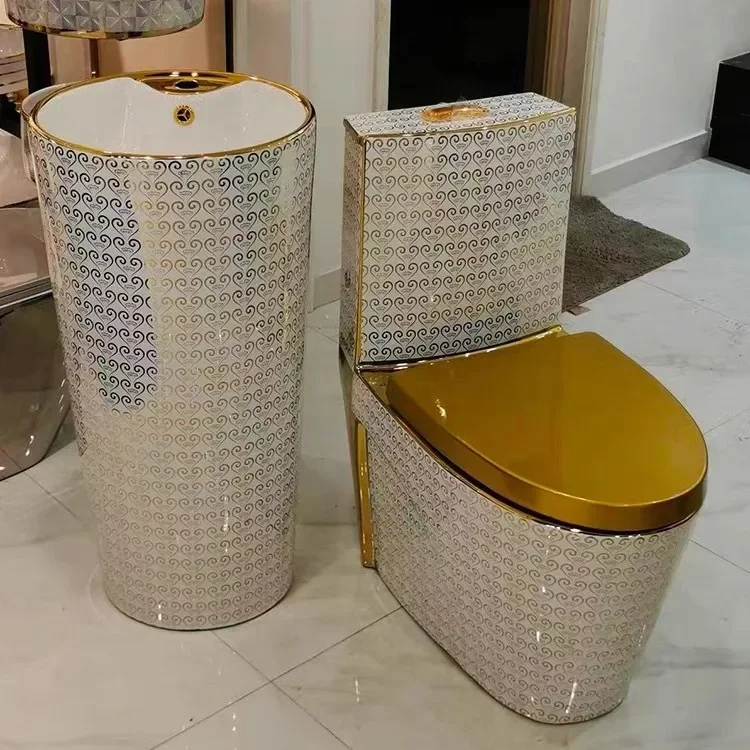 

Electroplated colored gold toilet, golden colored seat toilet manufacturer set, hand washing column basin