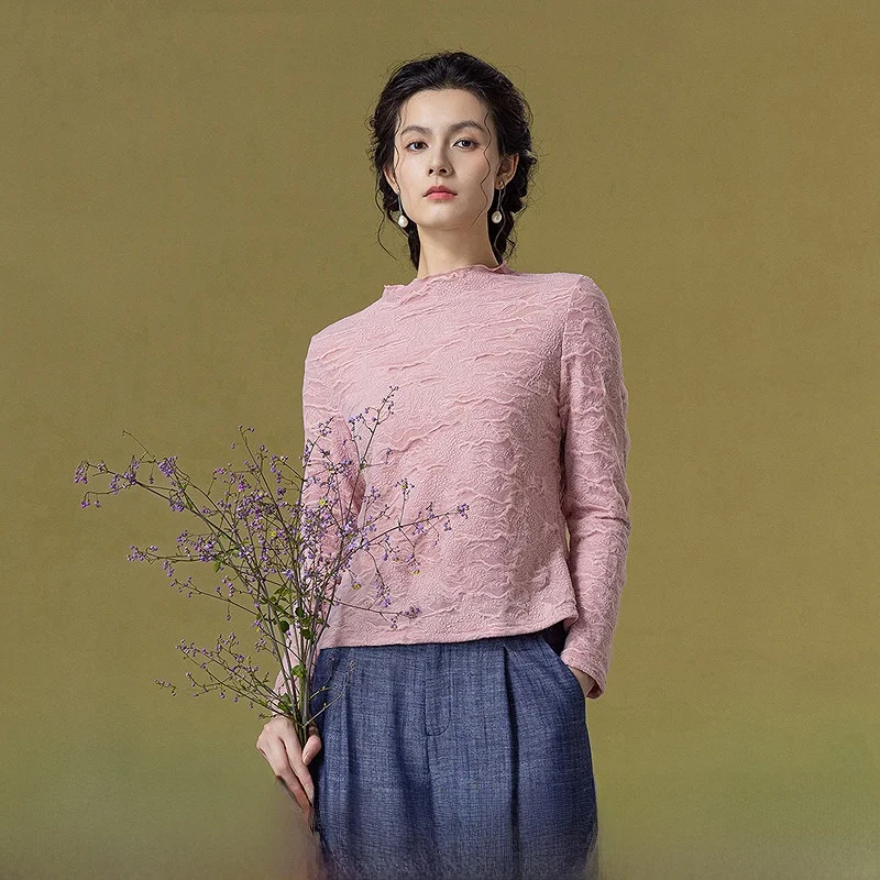 

Retro Embroidered Texture Lace Long Sve T-irt New Autumn Collection Women's Loose Fit Polyester Spandex Casual Top