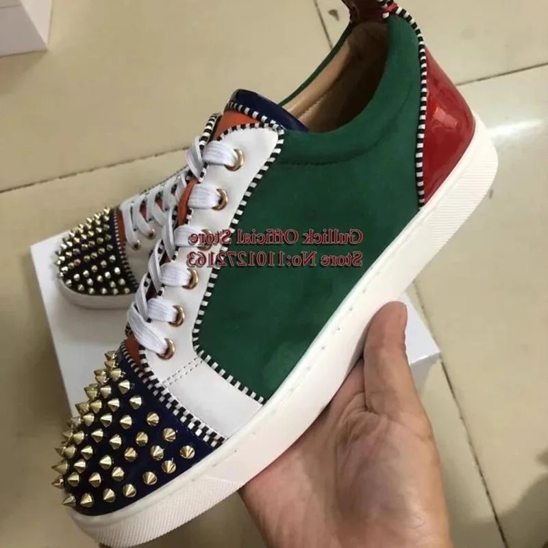 

Low Top Gold Spikes Lace Up Men Casual Shoes Green Suede White Leather Fashion Sneakers Spring Autumn Breathable Suede Flats