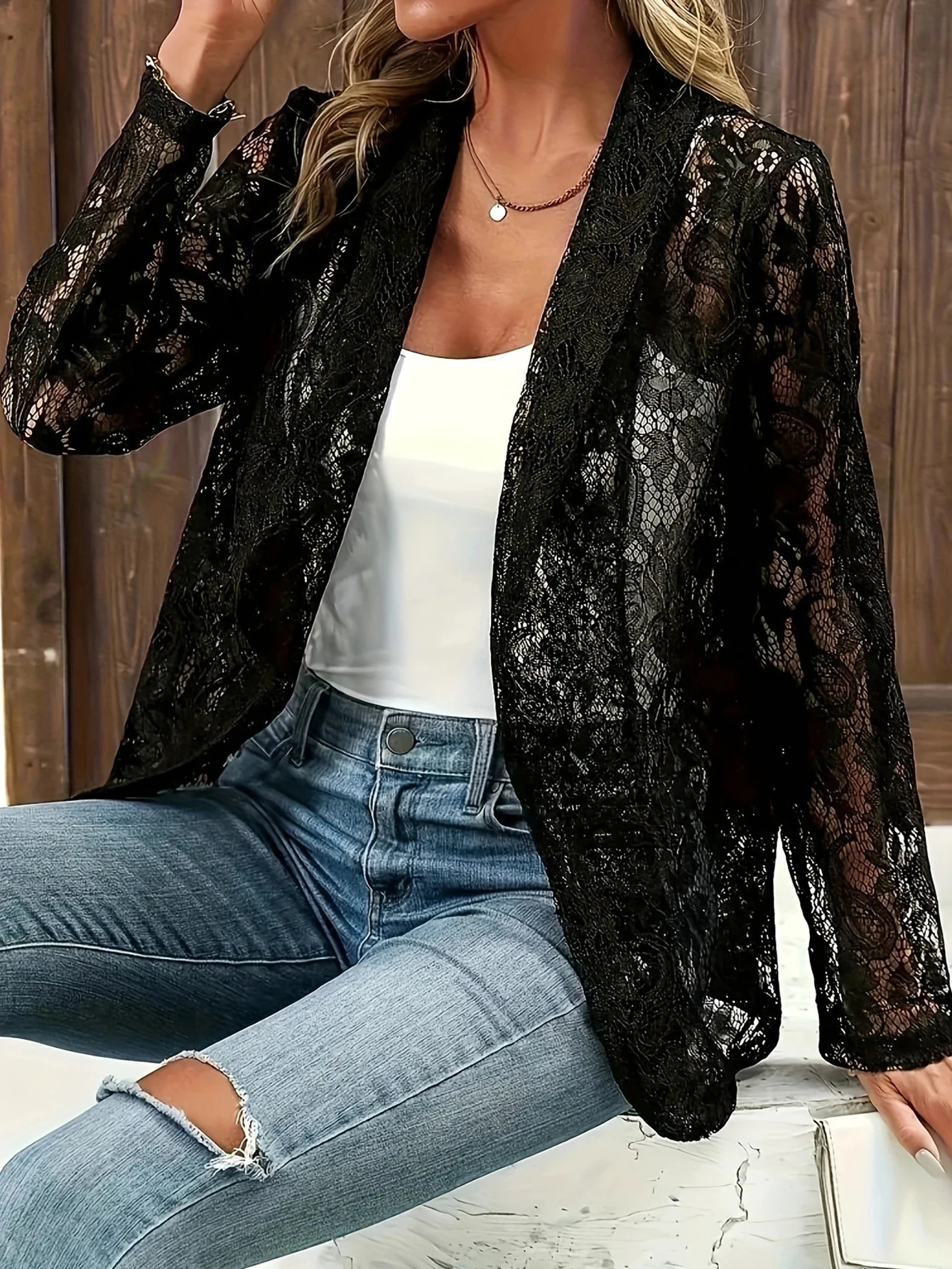 Women's Elegant Plain Long Sleeve Lapel Blazer Autumn Basic Office Lady Top Lace Detail Daily Wear