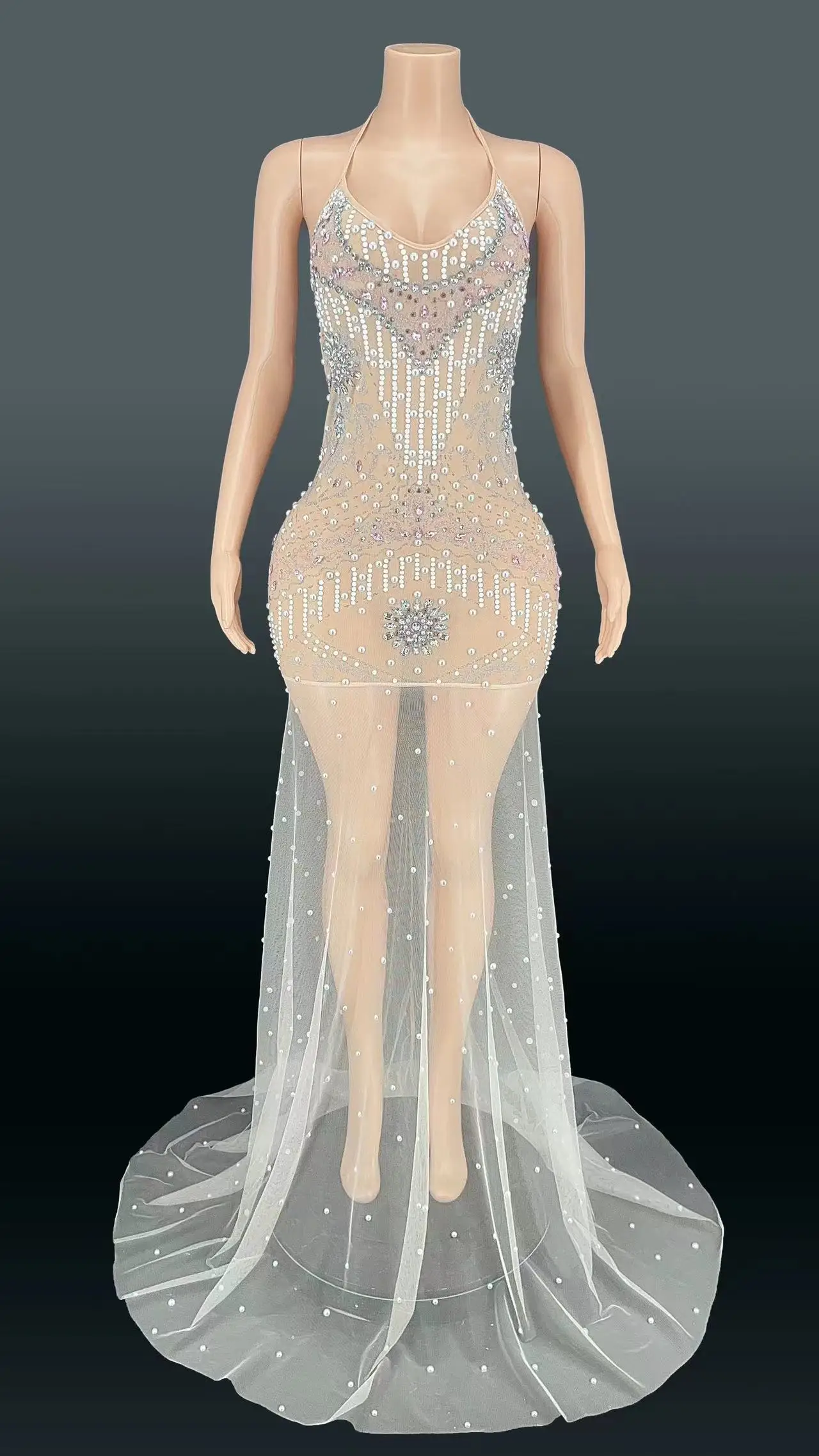 

Shiny Luxurious Silver Crystals Evening Long Train Floor Length Dresses Birthday Wear Mesh Dance Performance Chains Costume