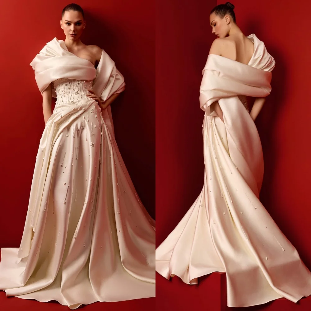 

Customized Formal Casual Charmeuse Sequined Pleat A-line Off-the-shoulder Long Dresses Bespoke Occasion Sexy