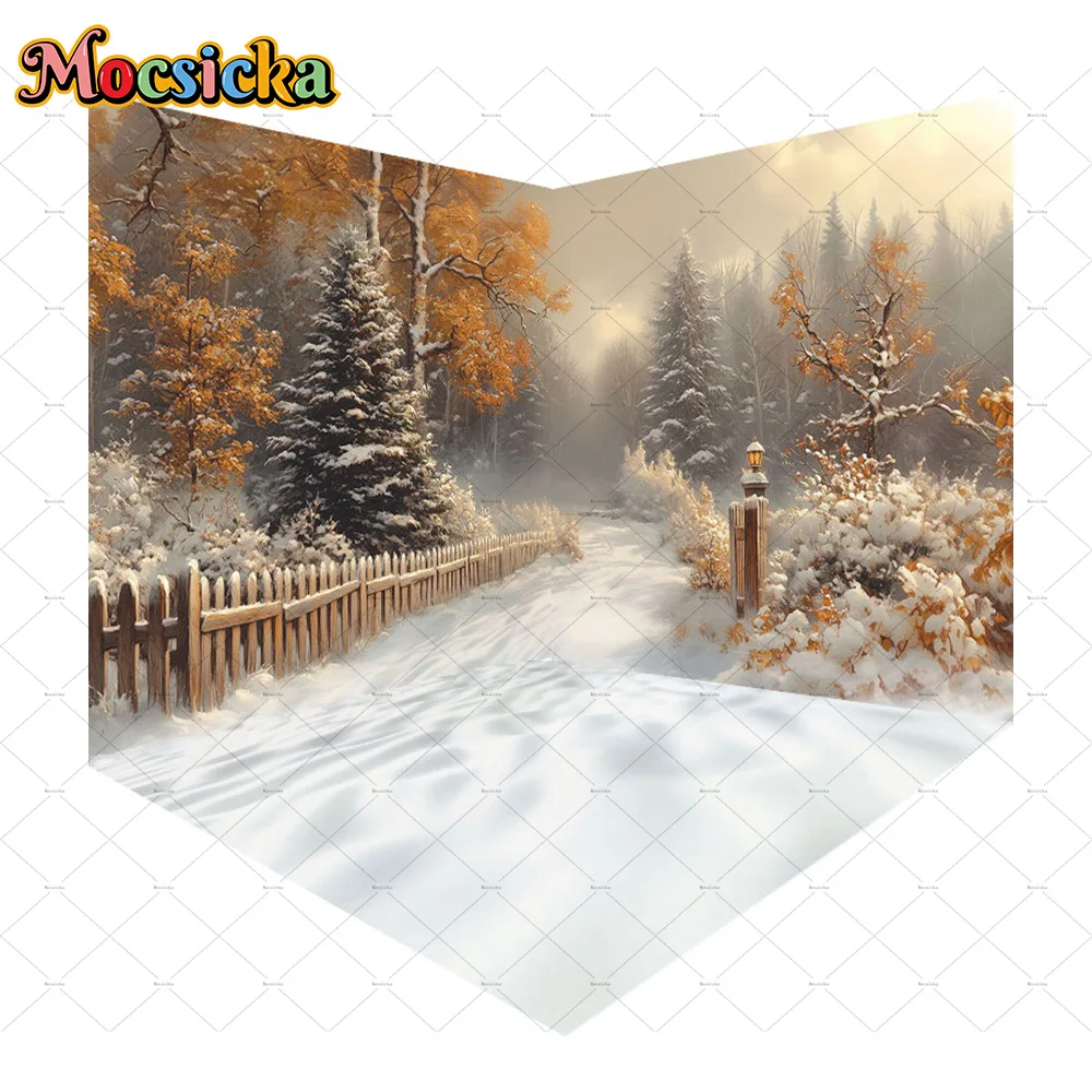 Mocsicka Winter Snowy Forest Backdrop Photography Wooden Fence Snowy Path Pine Tree Background Christmas Family Portrait Studio
