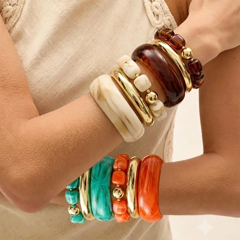 3 Pcs Vintage Multi Color Marble Resin Bangle Set Glossy Wide Cuff Gold Tone Square Bead Bracelets for Women Boho Stack Jewelry