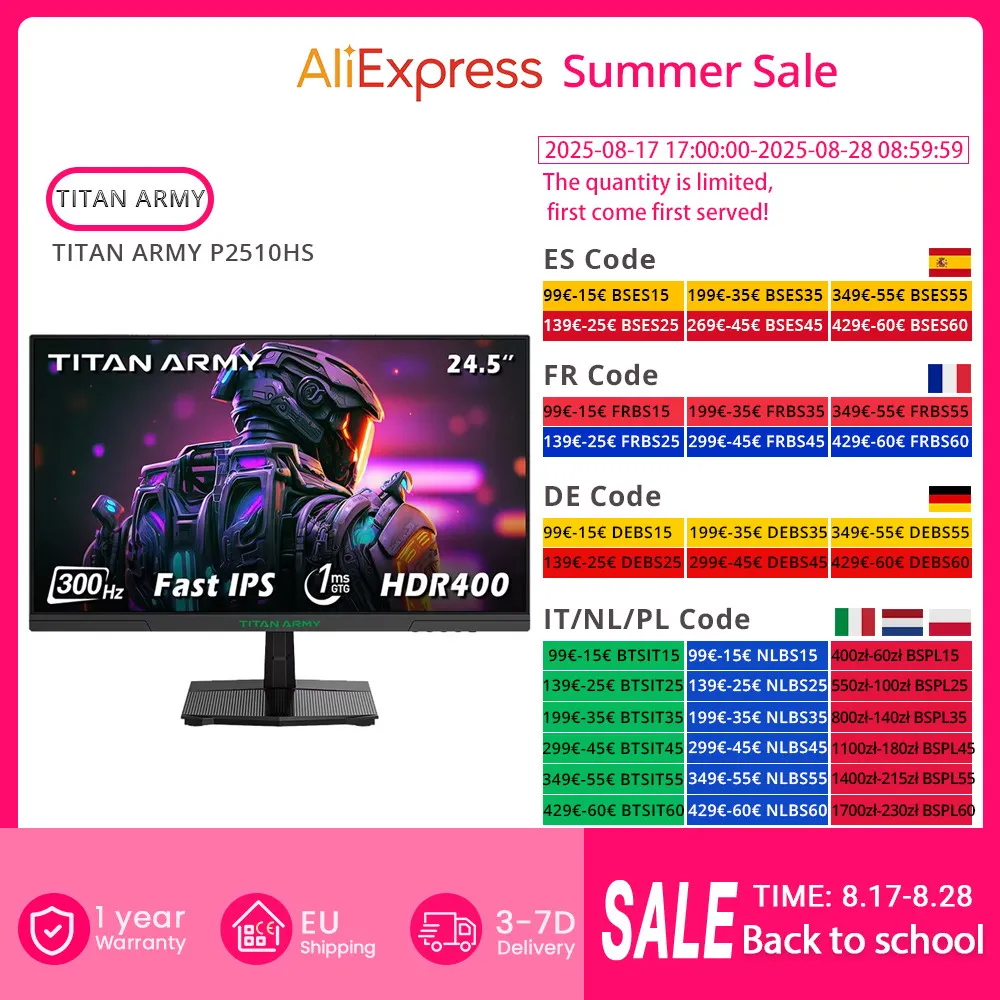 TITAN ARMY P2510HS Monitor da gioco, schermo IPS veloce CSOT da 24.5 pollici 1920*1080, frequenza di aggiornamento 300Hz, tempo di risposta HDR400, 1ms GTG