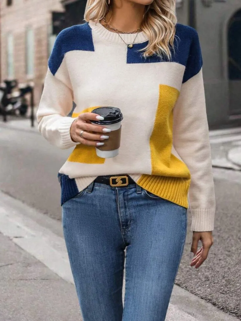 Women's Women Clothing Casual Loose Fit Thick Round Neck Jacquard Sweater with Geometric Color Block Pattern Hip Length Female