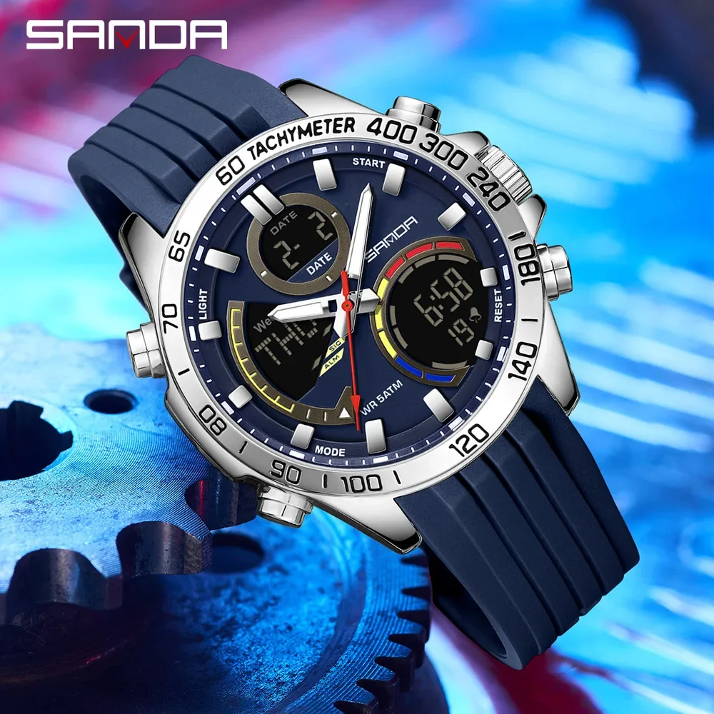 2025 Sanda 6269 Orologio elettronico cool Sveglia impermeabile Orologio da uomo di tendenza alla moda con cinturino in acciaio multifunzionale