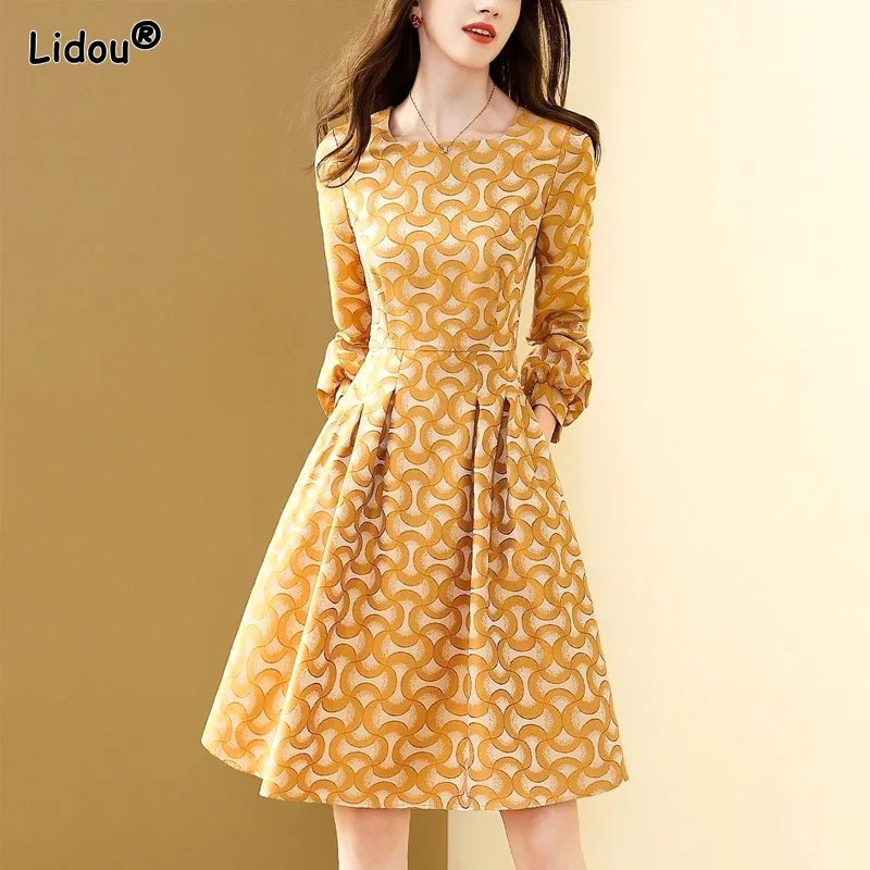 

French Style Printing Sequare Collar Women's Clothing Spliced Knee-length Draped All Season Pullover Dresses Casual Folds Grace