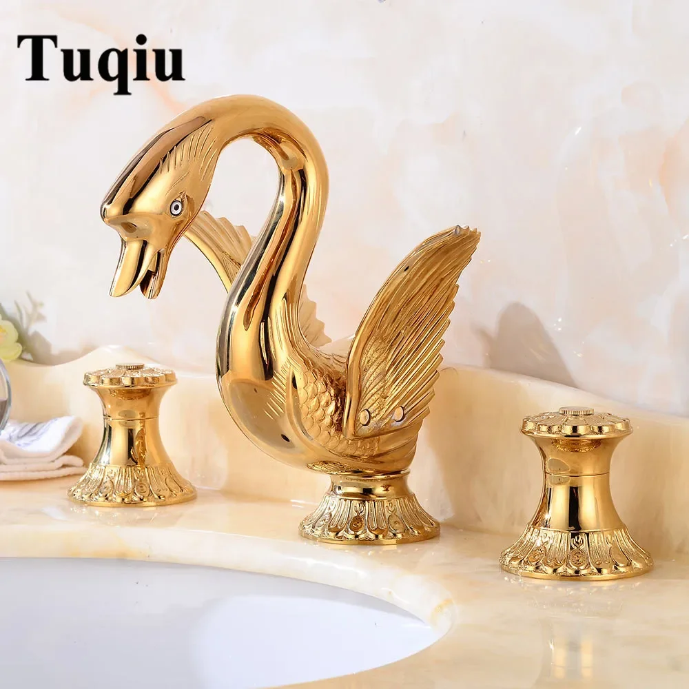 New ArrivalsTop Quality Deck-mounted Widespread Golden 3 Pcs Bathroom Swan Basin Faucet Lavatory Basin Sink Mixer Luxury Style