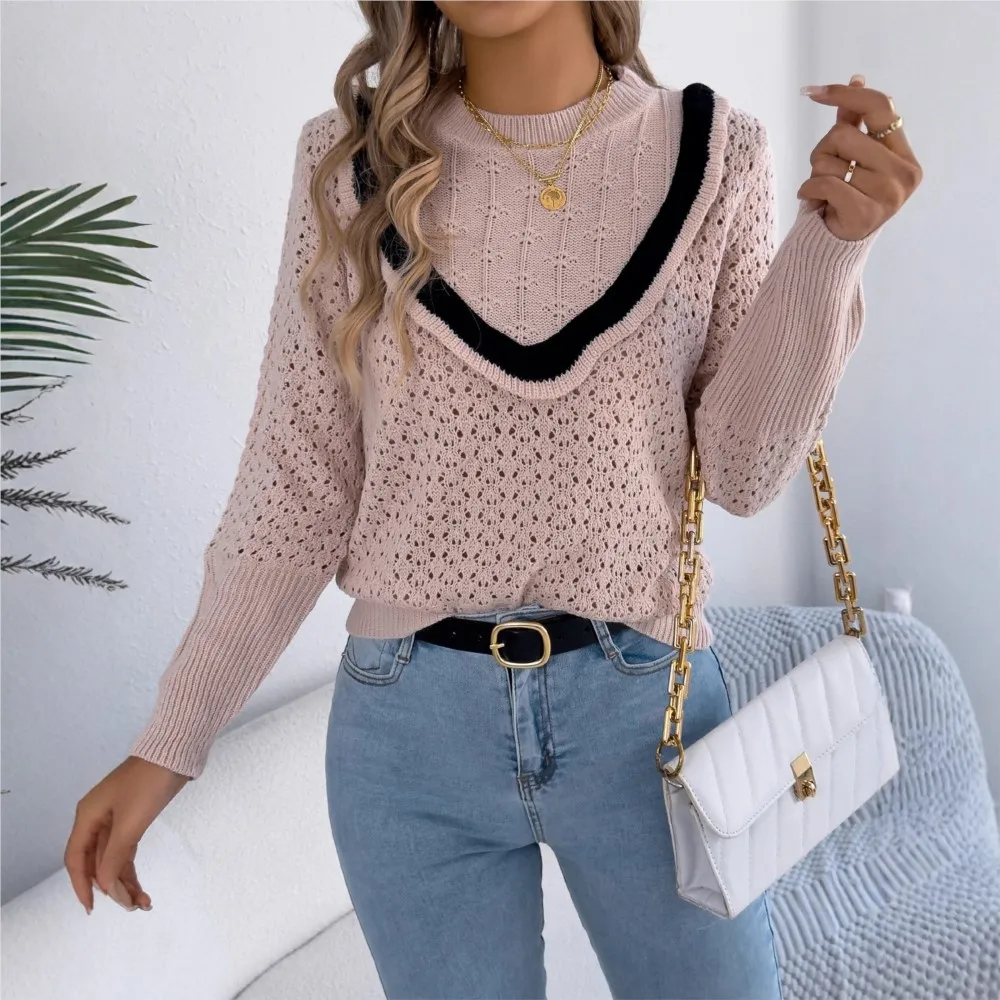 

2025 Autumn Winter Fungus Long Sleeved Pullover Sweater Casual Round Neck Contrasting Color Hollow Knit Sweater Roupas Femininas