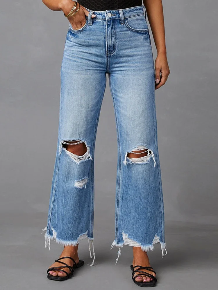 

XIZOU Blue Jeans for Women Summer 2024 Fashion Washed Ripped High Waisted Wide Leg Pants Streetwear y2k Baggy Pants