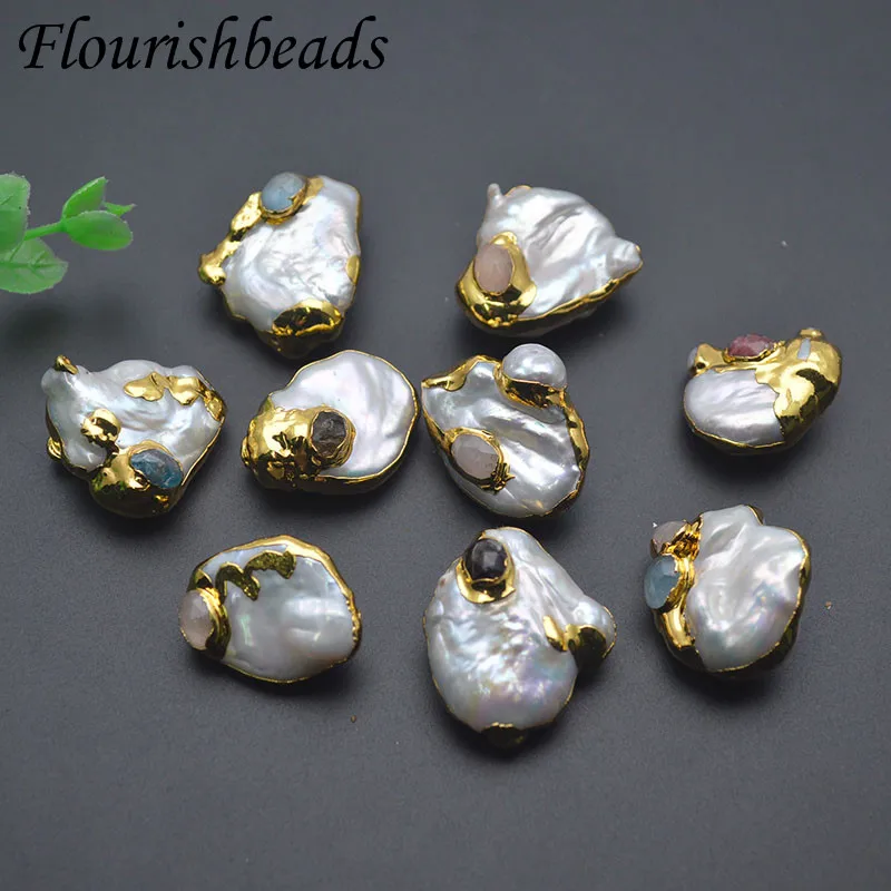 Natural Freshwater Baroque Pearl Paved Crystal Quartz Real Gold Wrapped Through Hole Loose Beads for DIY Jewelry Making