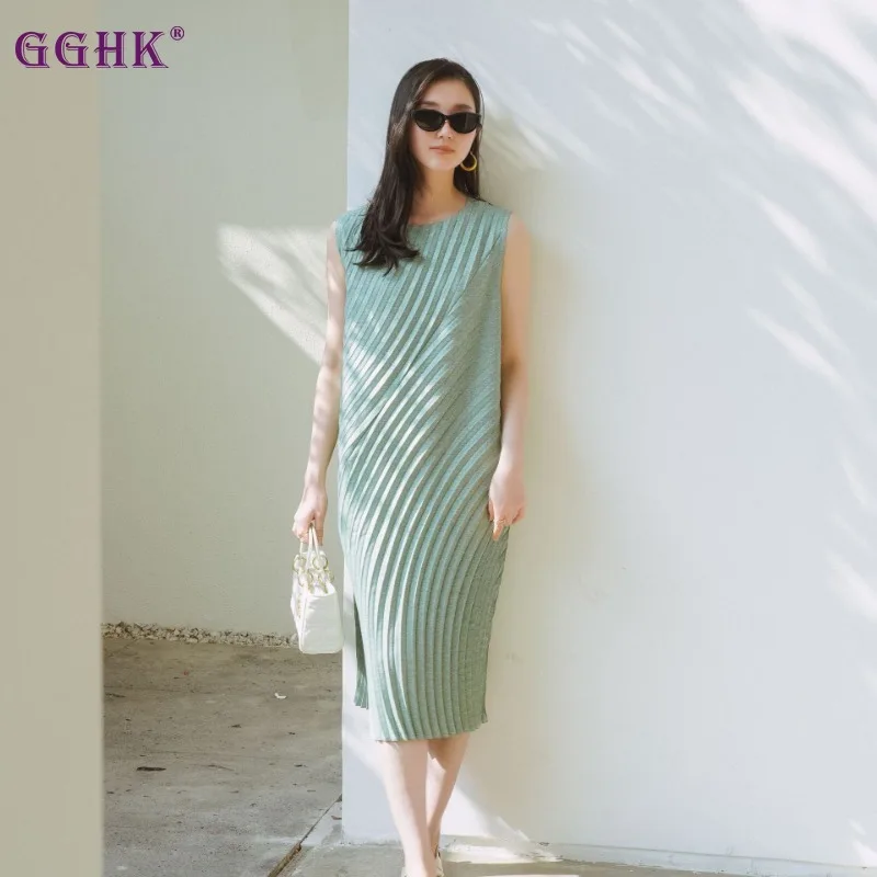 GGHK Counter Quality 2025 Summer Solid Color Cotton Linen Hand Pleated Large Size Loose Design Women Fashion Casual Dresses