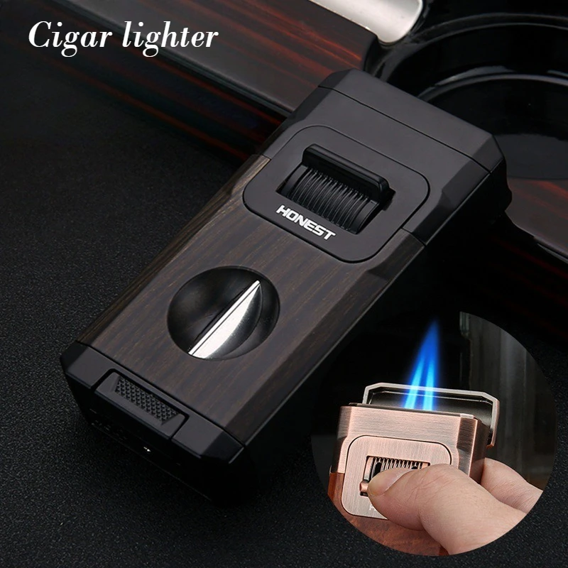 Double Straight-acting High-level Appearance Blue Flame Inflatable Lighter with Cigar Cutter and Cigar Accessories