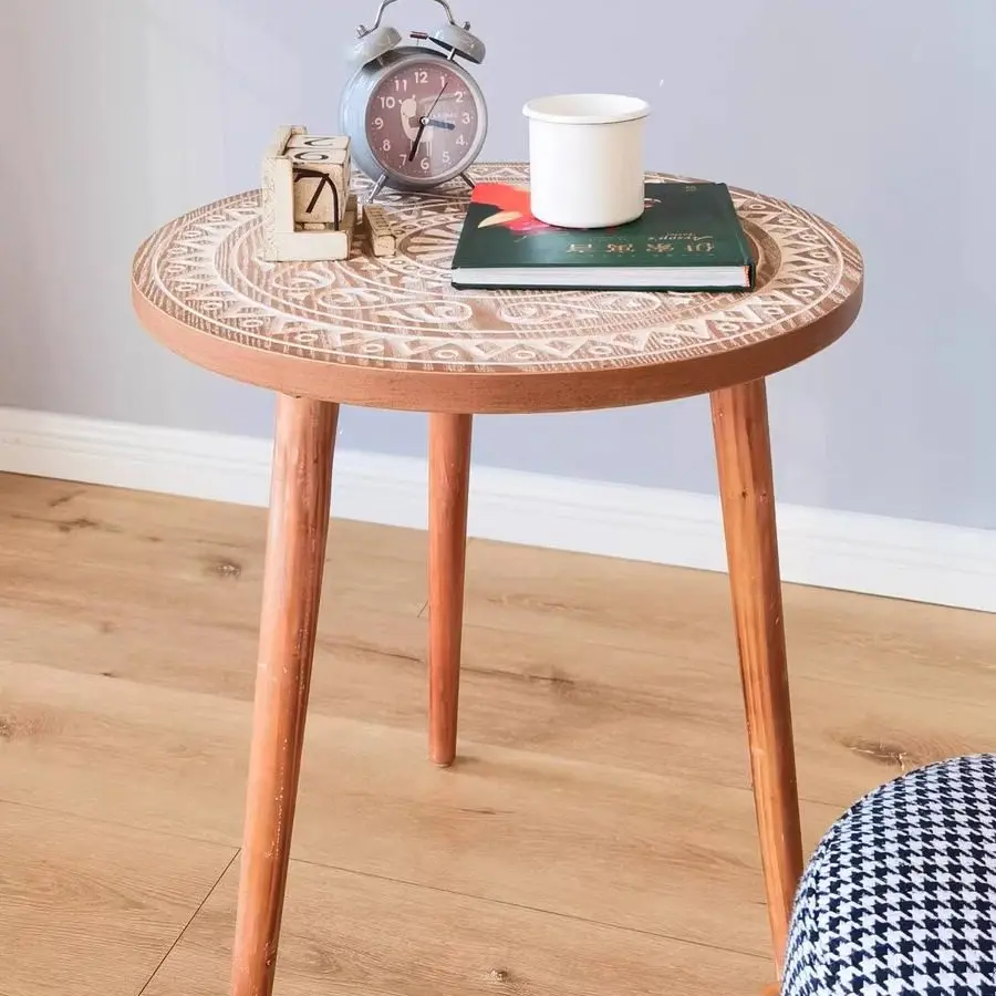 

Wabi Sansi wind solid wood coffee table small round table carved American coffee table Nordic balcony side few