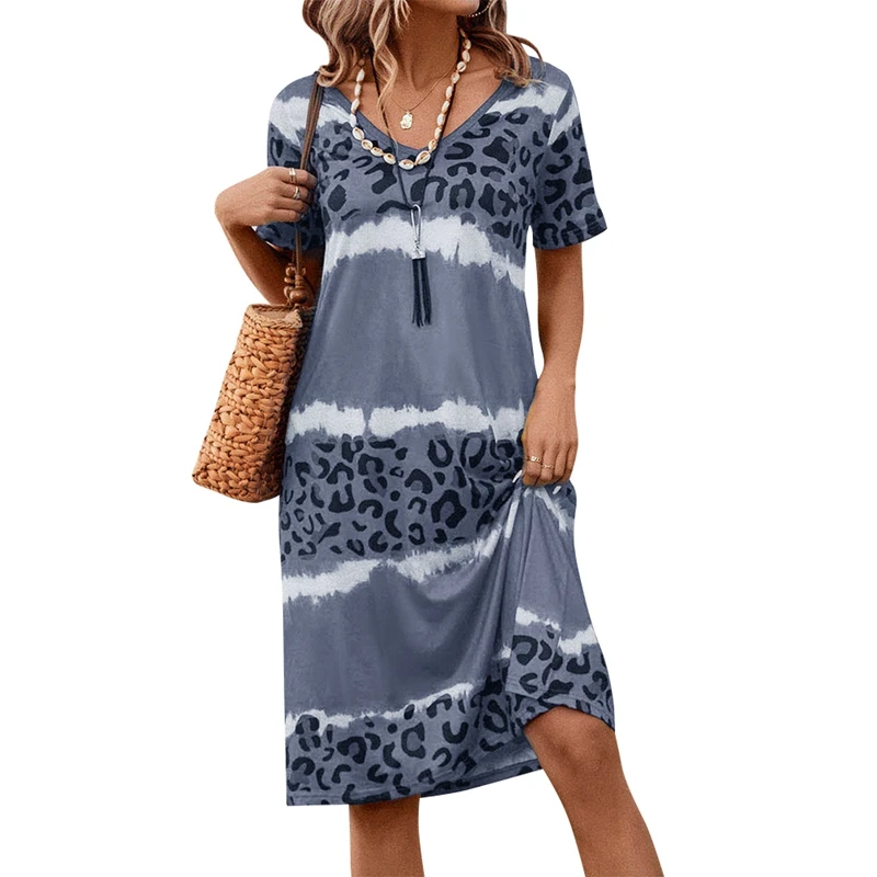 Abiti bohémien a maniche corte stampati vintage chic da donna Abiti da spiaggia Boho con scollo a V da donna