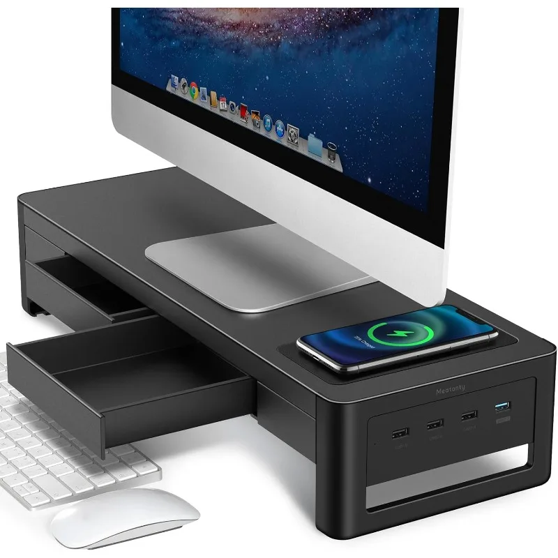 3 in 1 Monitor Stand Riser with 2 Drawers, 1 Wireless Charging Module & 4 USB Ports, Metal Computer Stand Support Transfer Data