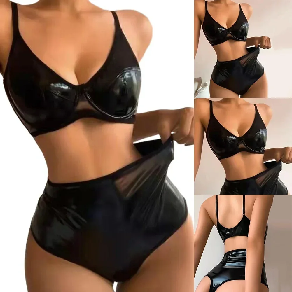 Women Wet Look PU Leather Underwear Push Up Bra Thongs Panties Outfit Sexy Black Lingerie 2pcs Exotic Sets Erotic Costumes