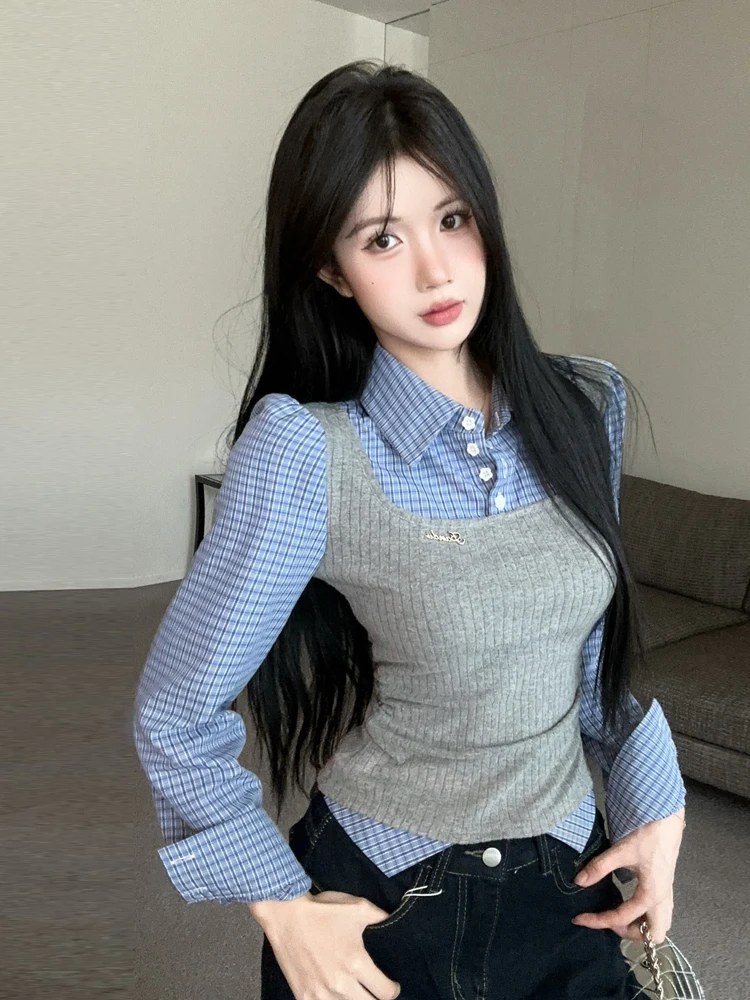 

Foamlina цельная рубашка в студенческом стиле, топ, женская новая весенне-осенняя клетчатая футболка с длинным рукавом и воротником-поло в стиле пэчворк, тонкая футболка