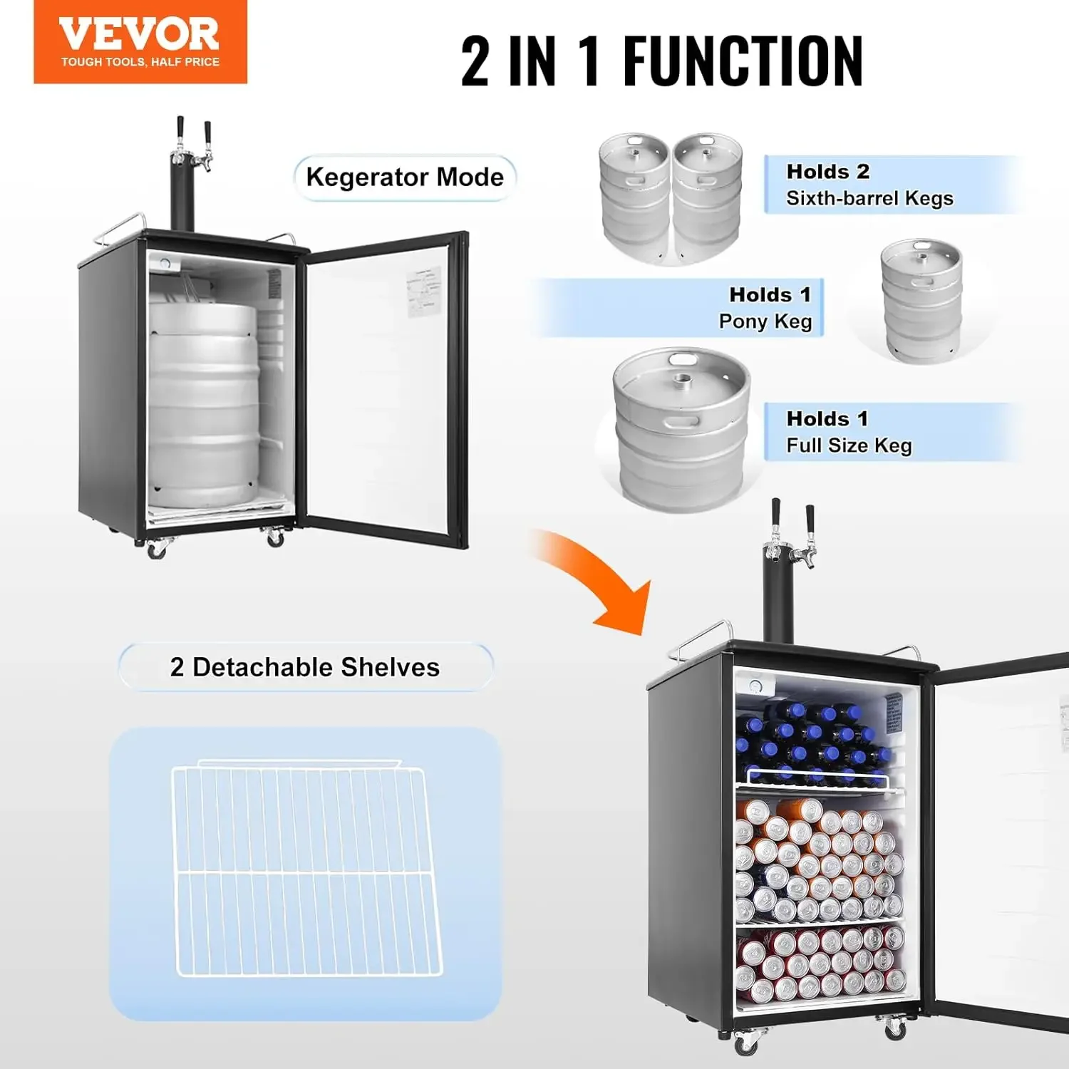 Beer Kegerator, Dual Tap Draft Beer Dispenser, Full Size Keg Refrigerator With Shelves, CO2 Cylinder, Drip Tray & Rail