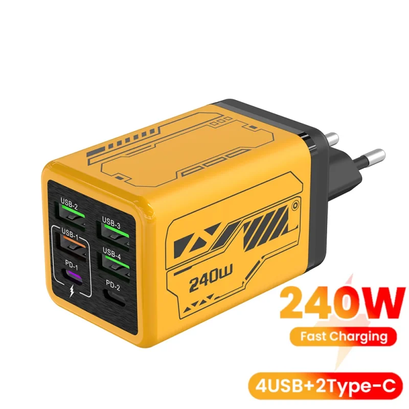

Зарядное устройство для быстрой зарядки 6 в 1, 240 Вт с 4 портами USB, 2PD, настольное зарядное устройство, адаптер для быстрой зарядки, зарядное устройство для ноутбука iPhone 17 16pro