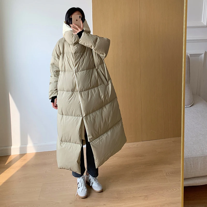 Long Women\'s Duck Down Coat Winter Oversized Luxury Warm Hooded Patchwork Puffer Jacket 2023 Desinger Female Fluffy Outwear