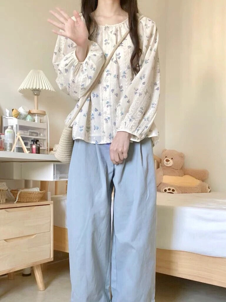 เสื้อผู้หญิงดอกไม้พัฟแขนชีฟองลูกไม้เย็บปักถักร้อย O-คอสไตล์ฝรั่งเศสฤดูใบไม้ผลิฤดูร้อนหลวมหวาน Girlish Tender INS