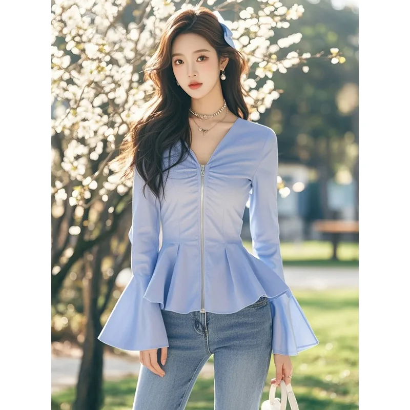 

Синий топ с v-образным вырезом на молнии и рукавами-колокольчиками для женщин, осенняя новая уникальная рубашка с v-образным вырезом и длинными рукавами