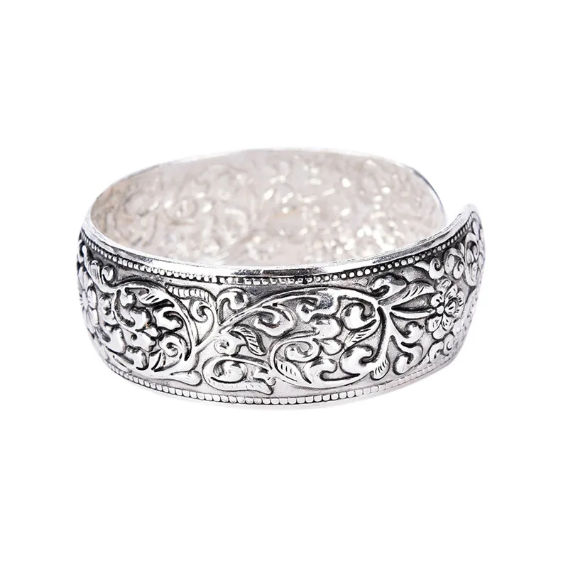 New Tibetan Silver Totem Bangle Carved Lucky Flower Bangle Cuff Bracelet