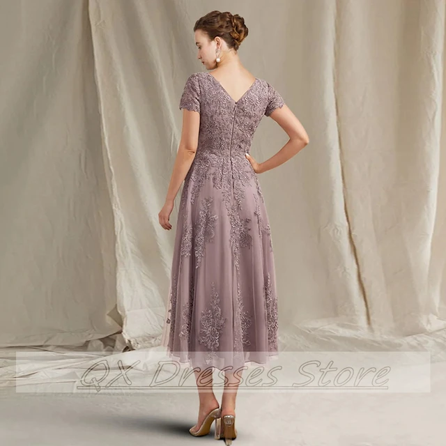 Customized 2022 New Mother of the Bride Dress Elegant Chiffon Lace Short Sleeve Appliques Tea Length Guest Party Gowns Robe De S