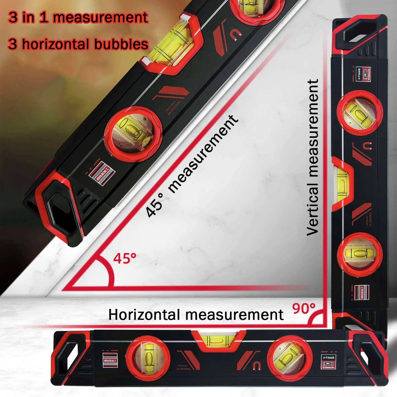 Deli Torpedo Level Magnetic Torpedo Spirit Level Tool with 3 Vials, 45°/90°/180°Degrees, Aluminum Shockproof Bubble Level