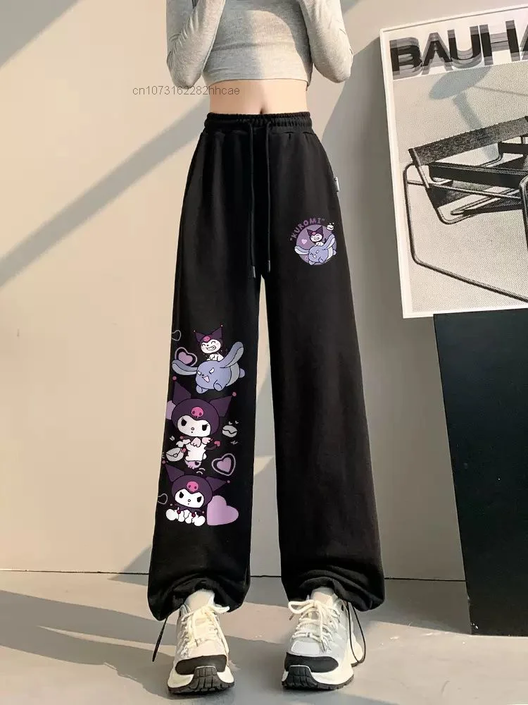 Sanrio Cute Kuromi Black Wide Leg Pants For Women\'s New High Waist Casual Strap Sports Pants Hip Hop 2000s Aesthetic Trousers