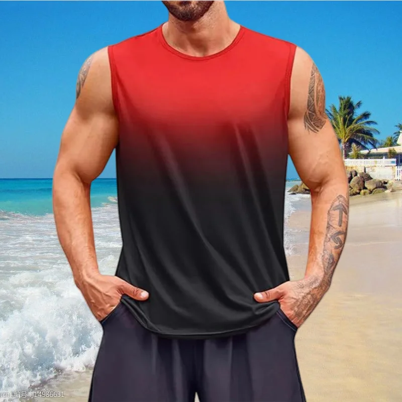 

Летняя мужская майка, мужская градиент цвета, свободный спортивный жилет, мужская быстросохнущая майка без рукавов, мужские топы, жилет с круглым воротником