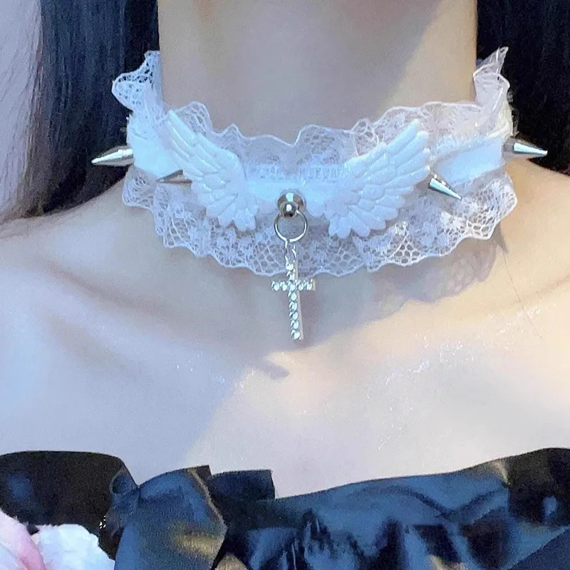 جديد الكورية الأبيض مطاطا المختنق الدانتيل قلادة القوطية الشرير بلينغ أجنحة الملاك الصليب القلائد لوليتا تأثيري أدوات مجوهرات الأزياء #5