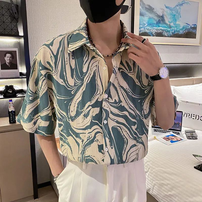 Summer New Ice Silk Flower High Street Shirt Tops Men's Short Sleeve Plus Size Printing Fashion Blouse Trend Vintage Men Clothes
