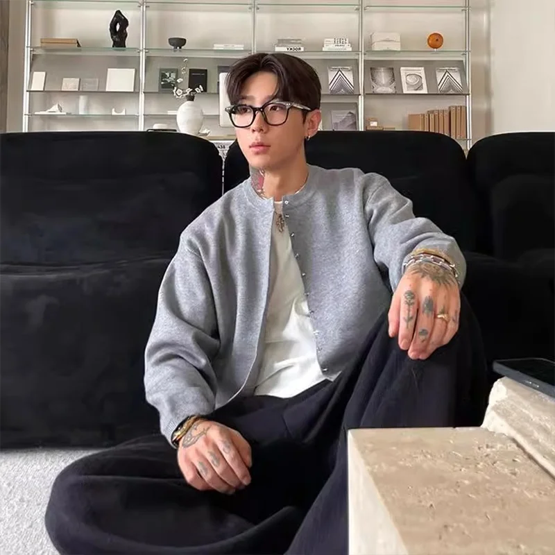 

Корейский стильный мужской вязаный кардиган простого дизайна с металлическими пуговицами, повседневный, для пар, с длинными рукавами и круглым вырезом