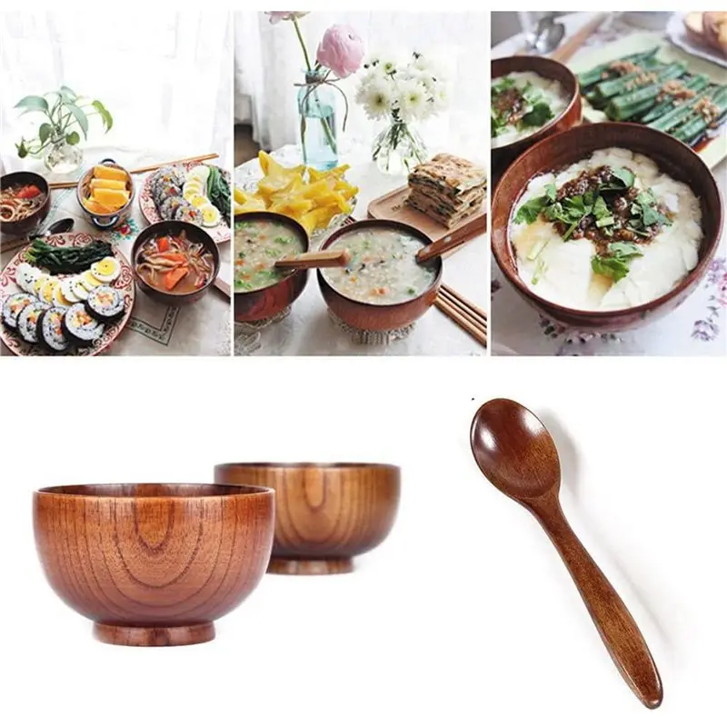 AT05-3X Wood Spoons Bowl Set,Wooden Handmade Flatware Tableware Cutlery Soup Rice Bowls Serving Tableware For Eating,Rice