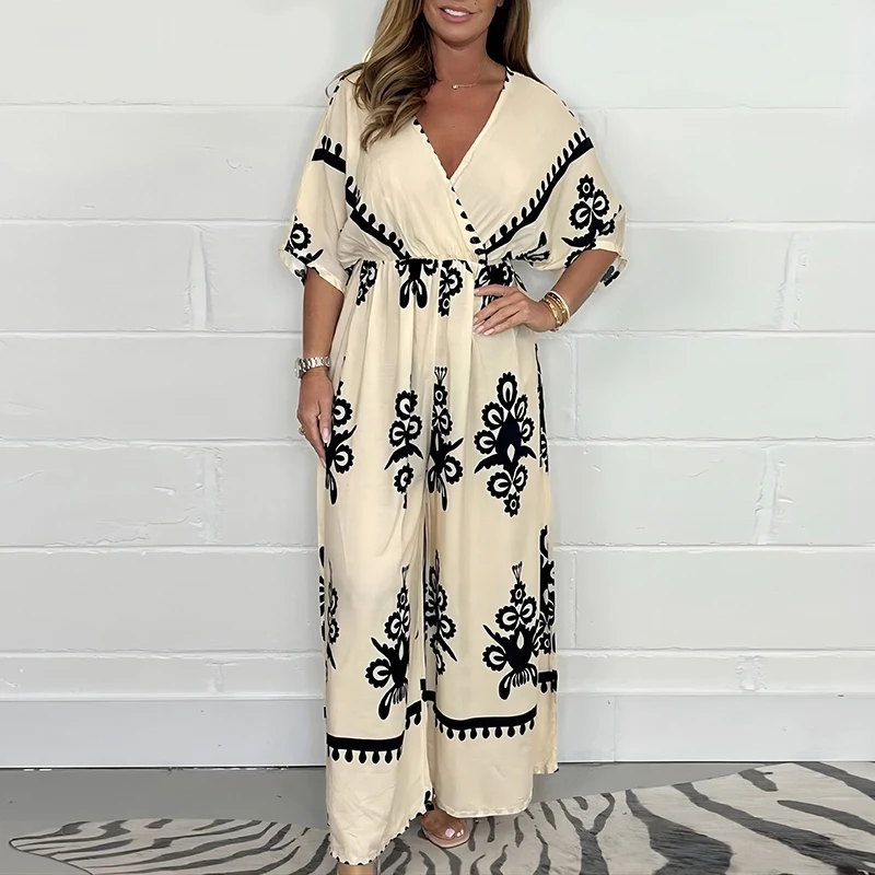 Retro Casual Printed Ethnic Jumpsuit Women Spring V Neck High Waist Playsuit Rompers Summer Short Sleeve Wide Leg Pants Overalls