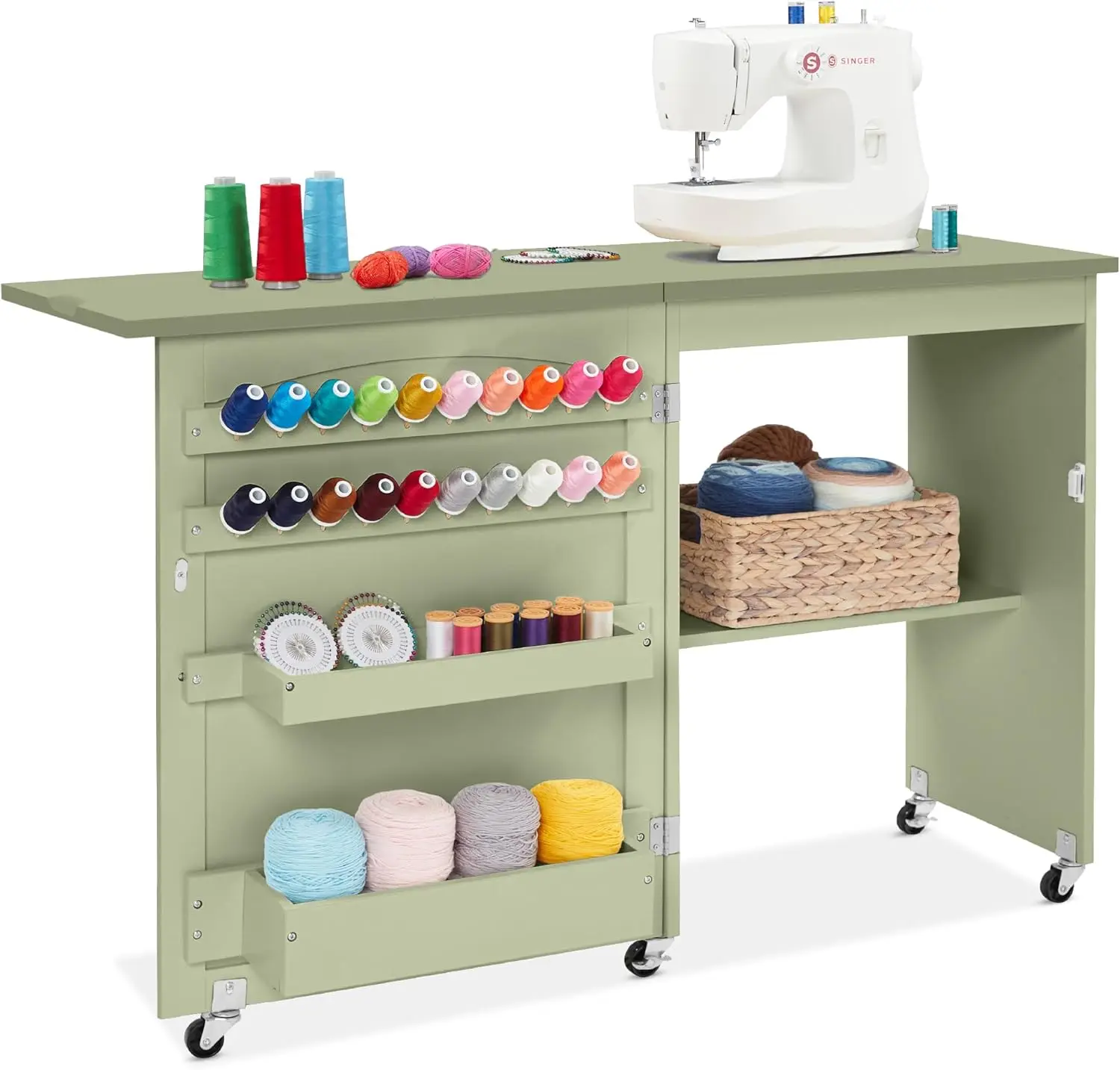 Folding Sewing Table Multipurpose Craft Station & Side Desk with Compact Design, Wheels, Shelves, Storage Trays, Pegs