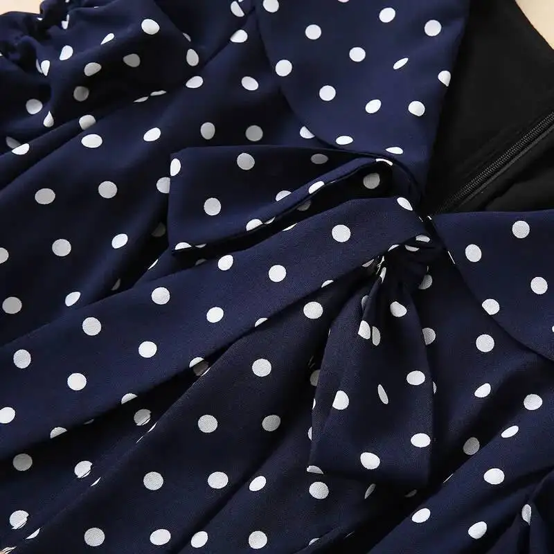 Vestido de princesa Kate Middleton azul marino, cuello en V, lunares, vestidos manchados, moda, 81502