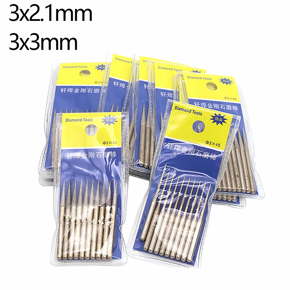 3x2.1mm/3x3mm Pointed Shape Brazed Diamond Burr Grinding Head Bits Jade Stone Glass Ceramic Mill Burrs Carving Peeling Concrete