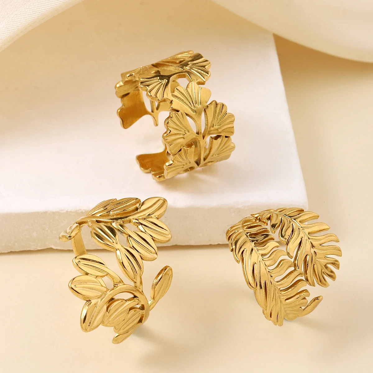 Stainless Steel Rings Bohemian Style Vintage Plant Leaves Adjustable Open Ring For Women Jewelry Non-fading High-quality New in