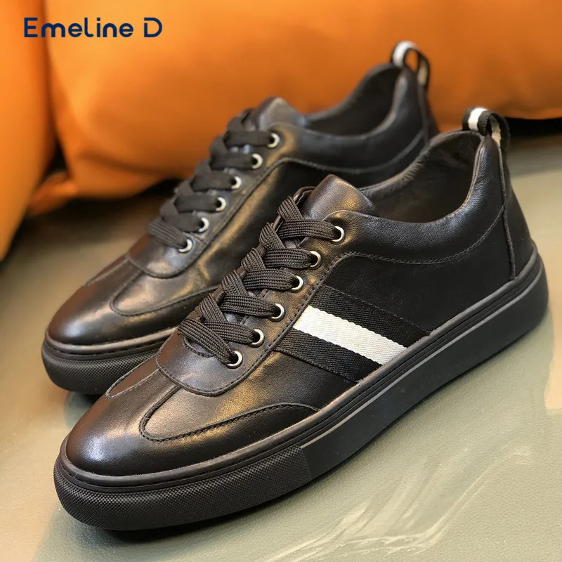 

Soft Black Leather Sneakers Lace-Up Round Toe Slip-On Comfortable Casual Shoes Personality Fashion Trend Men's Shoes